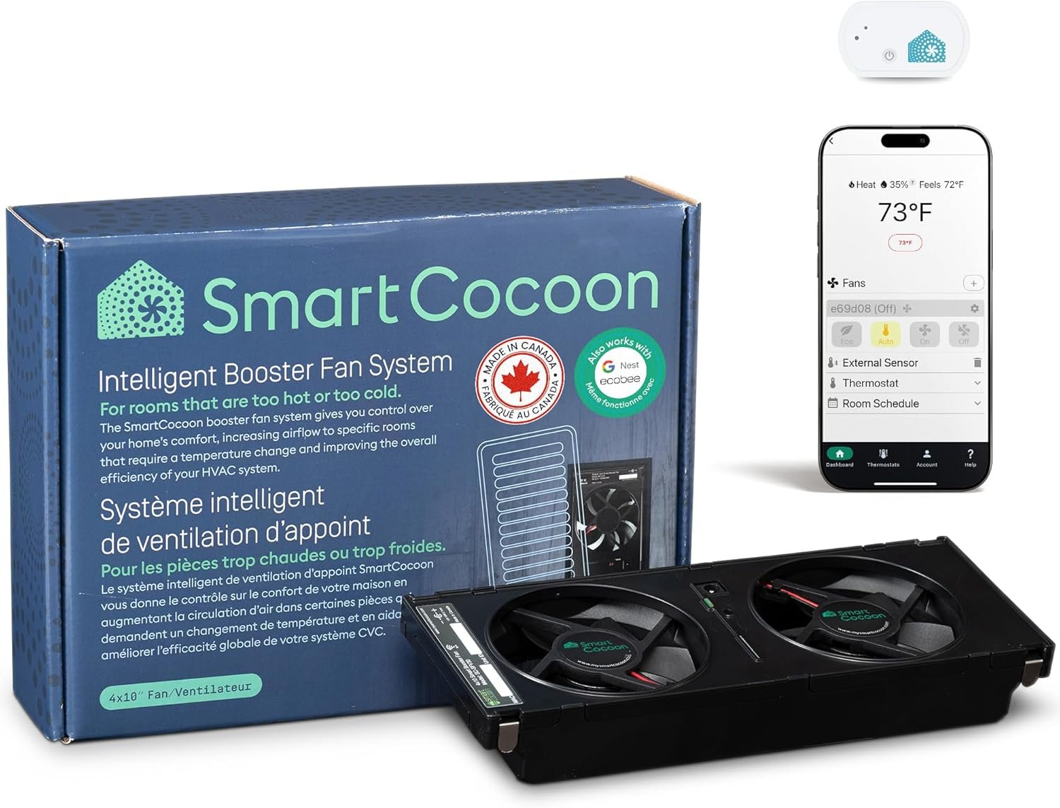 4X10 Register Booster Fan with Temperature & Humidity Sensor – Smart Dual Air Conditioner & Heater Floor Fan for Smart Home – Integrates with Ecobee & Nest Thermostats