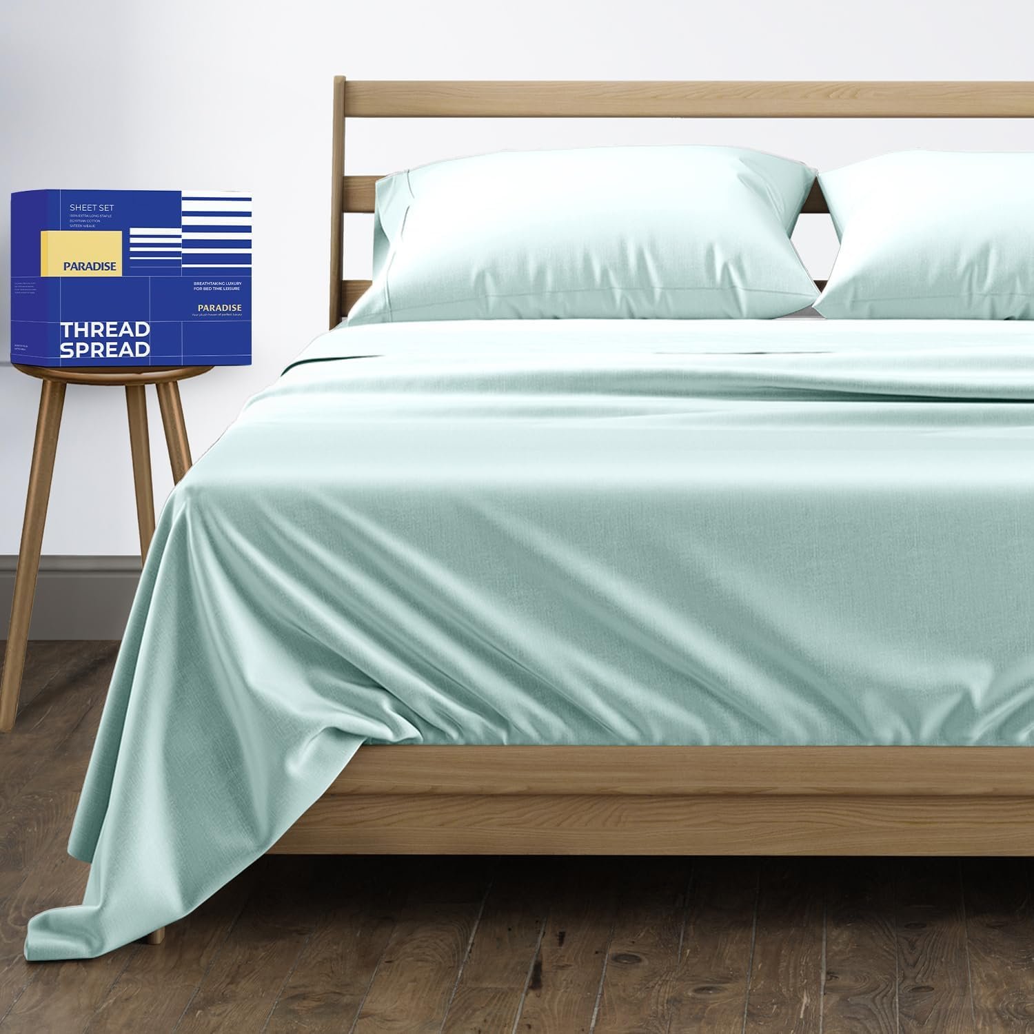 THREAD SPREAD Queen Sheet Set, Luxury 1000 Series Paradise Collection 100% Egyptian Cotton Bed Sheets Queen Size (4 PC, Sea Foam), Silky Soft, Cooling, Sateen, 16″ Deep Pocket Hotel Sheet Set