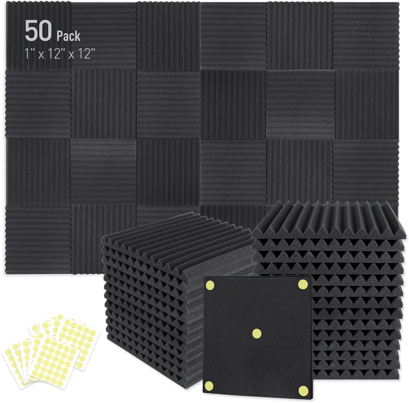 Focusound 50 Pack Acoustic Foam Panels 1″ x 12″ x 12″ Sound Proof Foam Panles Soundproofing Noise Cancelling Wedge Panels for Home Office Recoding Studio with 300PCS Double-Side Adhesive
