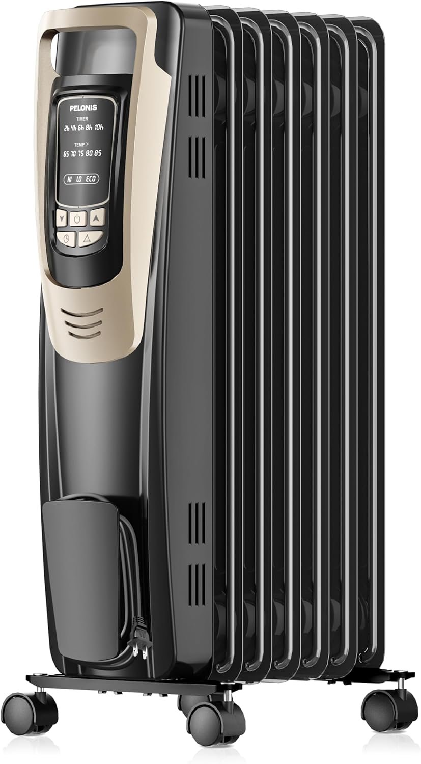 PELONIS Champagne Oil Filled Radiator Heater with Remote and Thermostat, 5 Temperature Settings for indoor use Large Room, Energy Efficient Electric Space heater with Safety Features