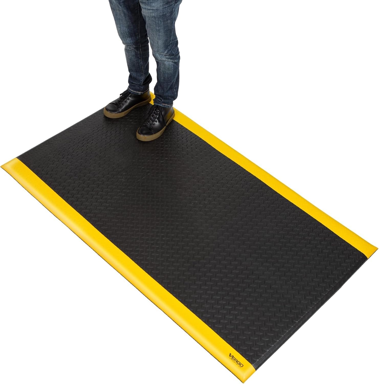 Vergo Industrial 15/16” Extra Thick Anti Fatigue Mat – Heavy Duty Commercial Grade Diamond Plate Ergonomic Standing, Non-Slip Black with Yellow Anti Fatigue Floor Mat for Work, Shop (1-Pack 3′ x 5′)