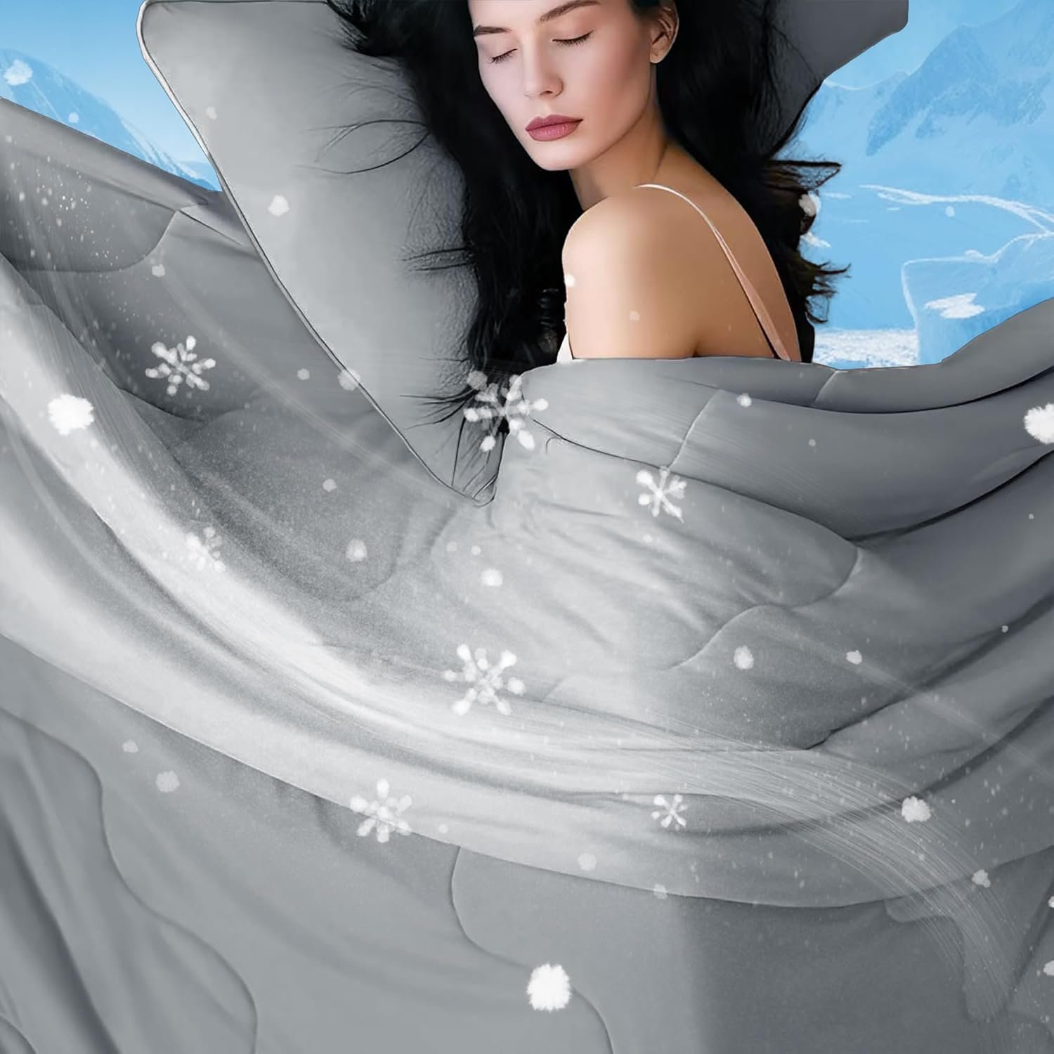DOWNCOOL Cooling Comforter Queen Size, Grey Cooling Blanket for Hot Sleeper, Lightweight & Breathable Blanket for Night Sweats,Dual-Side Cooling Summer Bedding,90″X90″