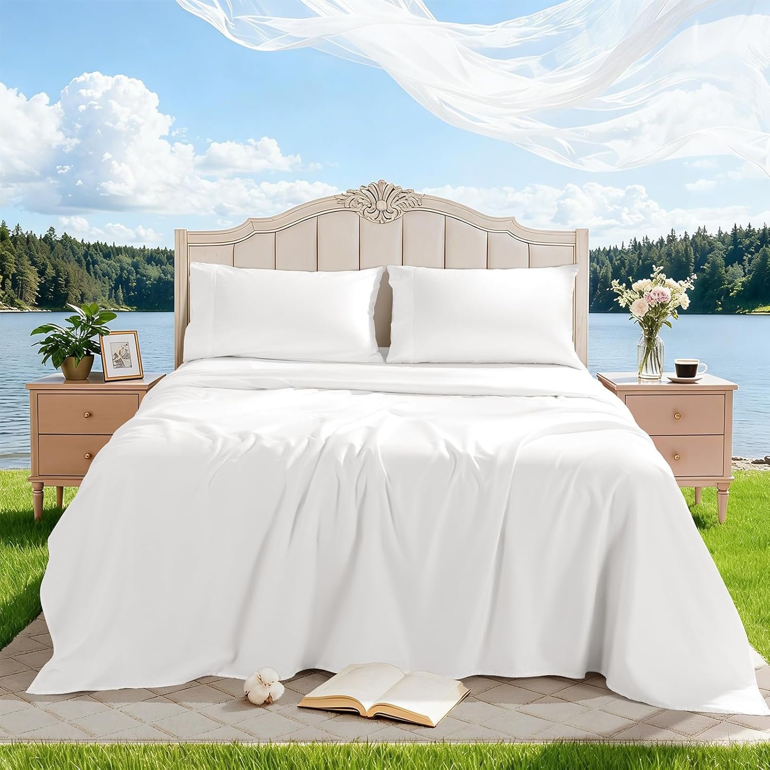 100% Egyptian Cotton Sheet Set 4 Pcs Queen Size Sheets 1000 Thread Count Breathable Soft Bedding Set Fitted Sheet with 16″ Deep Pocket (Queen, White)