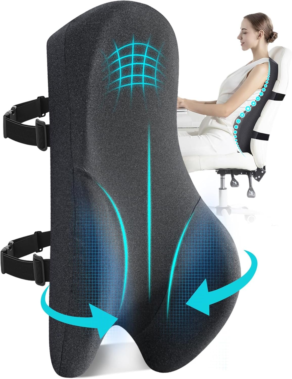Teemour High Back Support Pillow for Office Chair, Fully Support Back Cushion – Memory Foam Lumbar Support Pillow for Offfice Chair, Desk, Gaming Chair, Promotes Posture Pain Relief Adjustable Straps