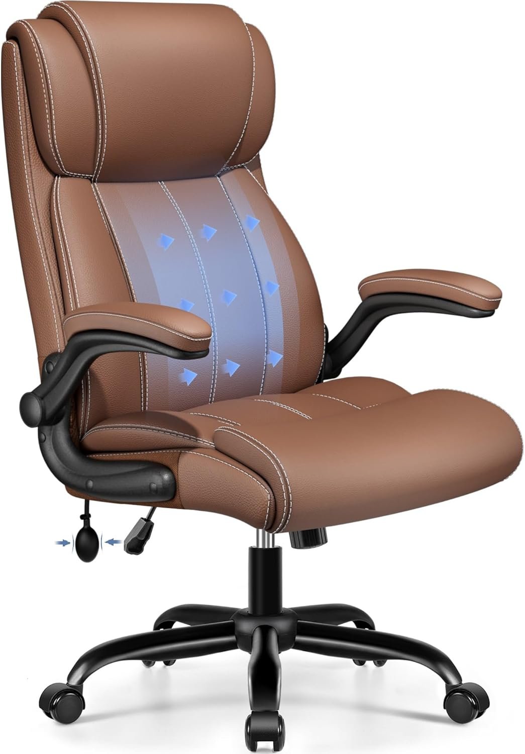 BESTFAIR Ergonomic Office Chair – Home Desk Computer Chair, Leather High Back Executive Chairs with Adjustable Lumbar Support & Flip-up Arms, Rocking Swivel Comfy, Brown