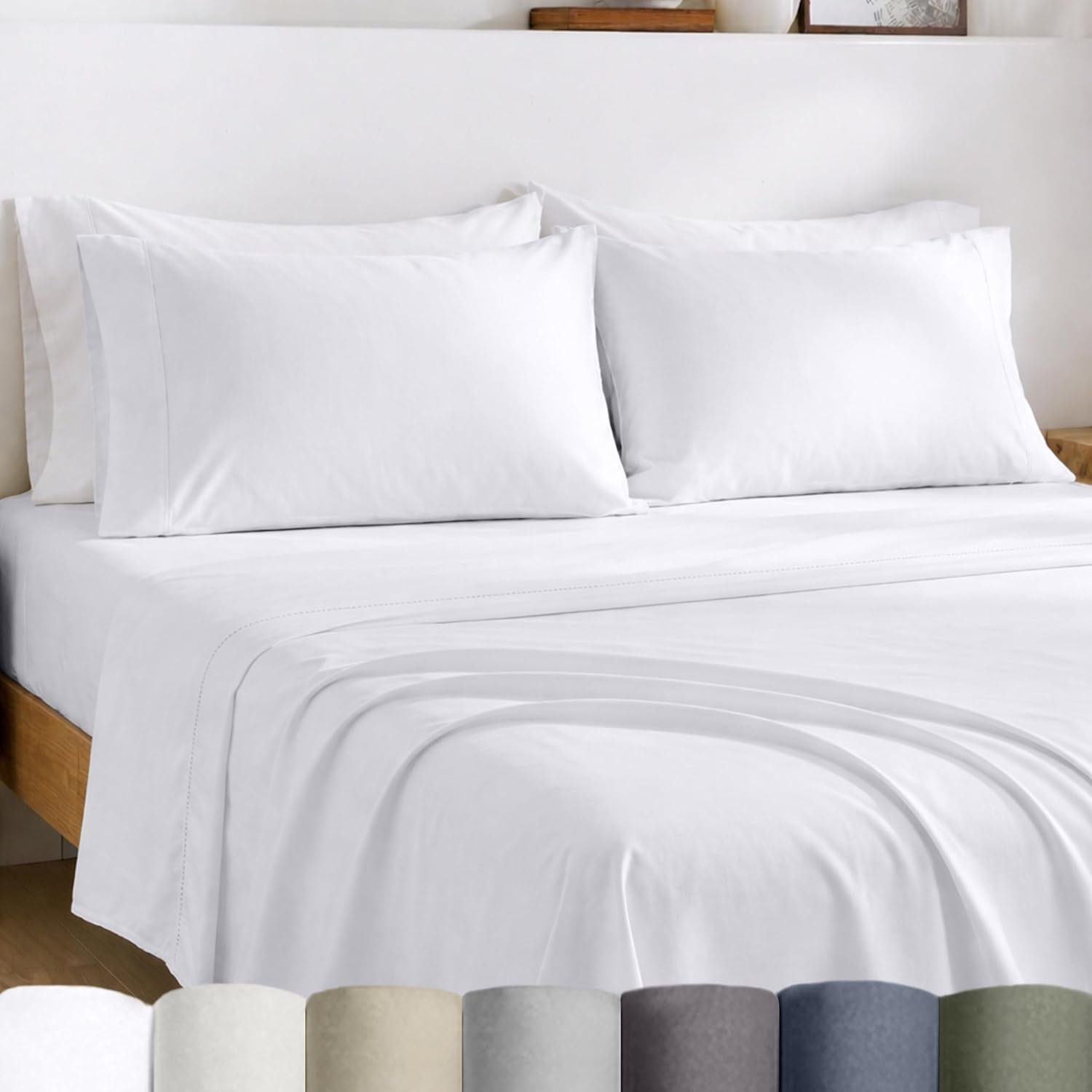 California Design Den Certified 100% Egyptian Cotton Sheets Queen Size Bed Set – Lightweight & Crisp Percale Queen Sheet Set Deep Pocket, Durable Luxury Bedding – White