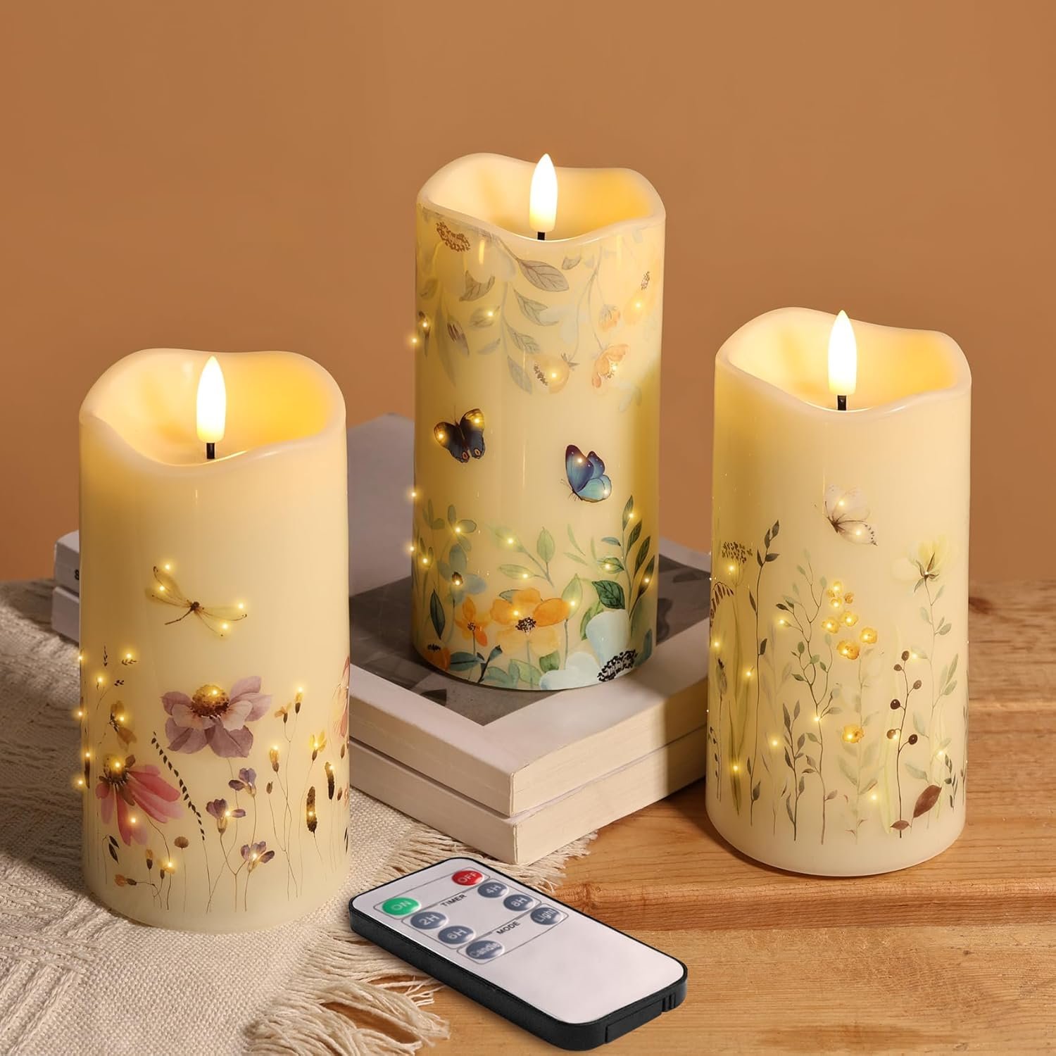 Eywamage Fiber Optic Flameless Pillar Candles with Remote Set of 3, Butterfly Floral Spring LED Candles Battery Operated Gift Φ 3″ H 6″