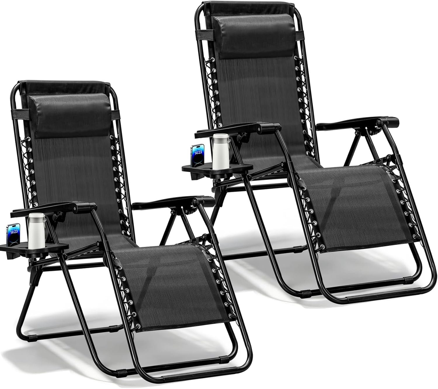 Zero Gravity Chairs Set of 2, Adjustable Lounge Chair Outdoor Recliner, Folding Reclining Lawn Chair, Anti Gravity Chair with Pillow & Cup Holder for Pool Camping Sunbathing Beach Patio