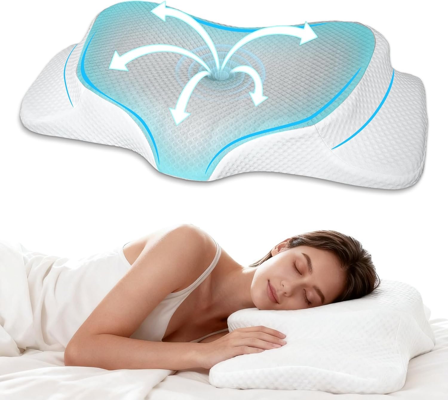 AlignCore Cervical Neck Pillow – Ergonomic Firm Memory Foam Bed Pillows for Sleeping, Neck Pillows for Pain Relief, Back and Side Sleeper Pillow (White with Gray Surface)