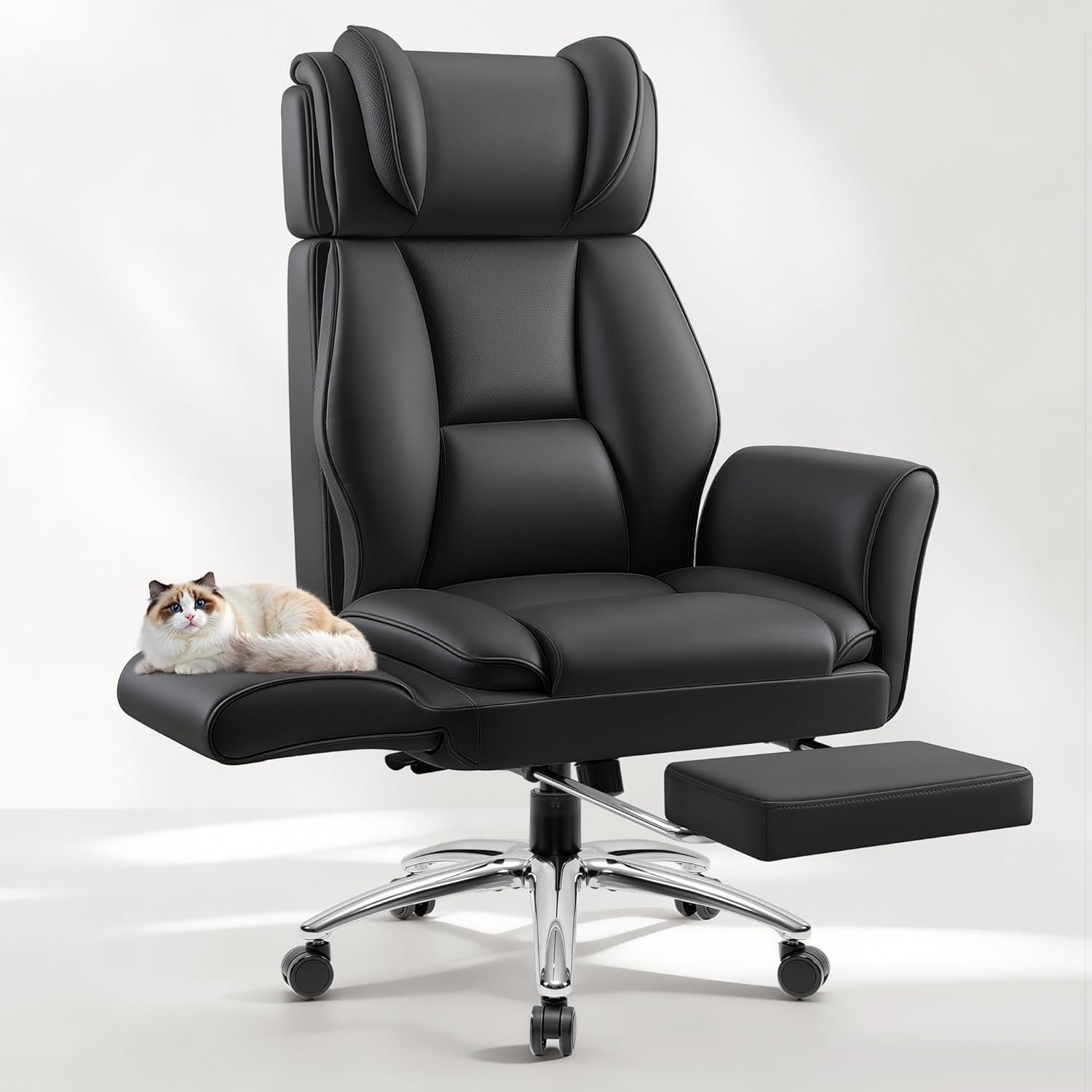 Big and Tall Office Chair, Flip Armrests for Pets & Cross Legged Sitting, Ergonomic Leather Executive Desk Chair with Foot Rest, High-Back Reclining Computer Chairs for Office Home Game – Black