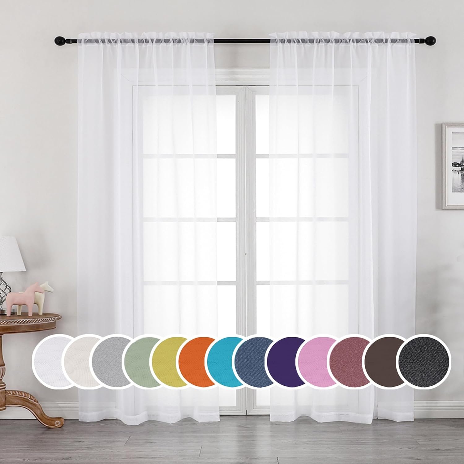 OWENIE Sheer Curtains 84 inches Long 2 Panels Set for Living Room/Bedroom, Rod Pocket Voile Sheer Panel Drapes, White, 2pcs, Each 42″ W x 84″ L