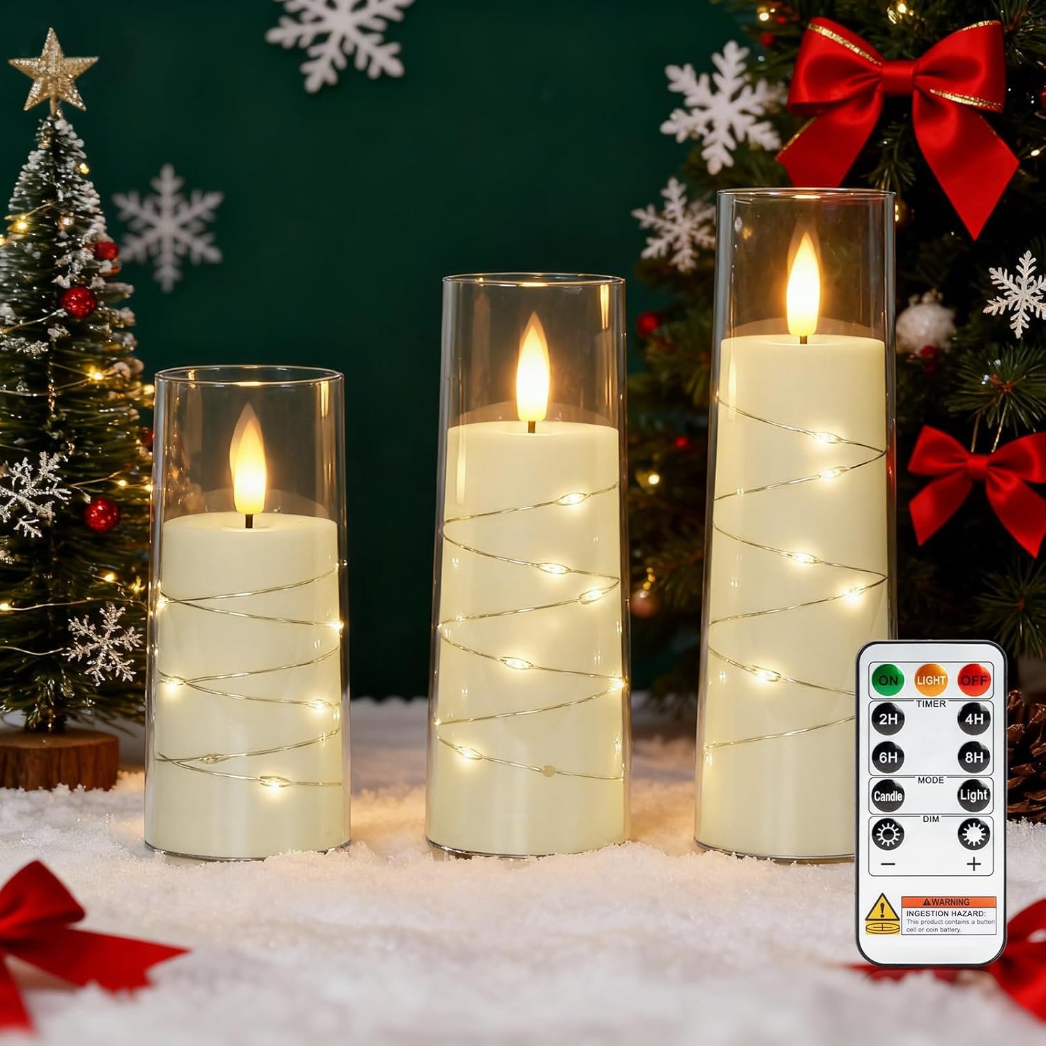 Raycare Flameless Candle with Remote Timer, 3 Flickering Acrylic Battery Operated LED Pillar Candles with Embedded Star String for Valentine’s Day, Home Decor, and as a Gift(Ivory)
