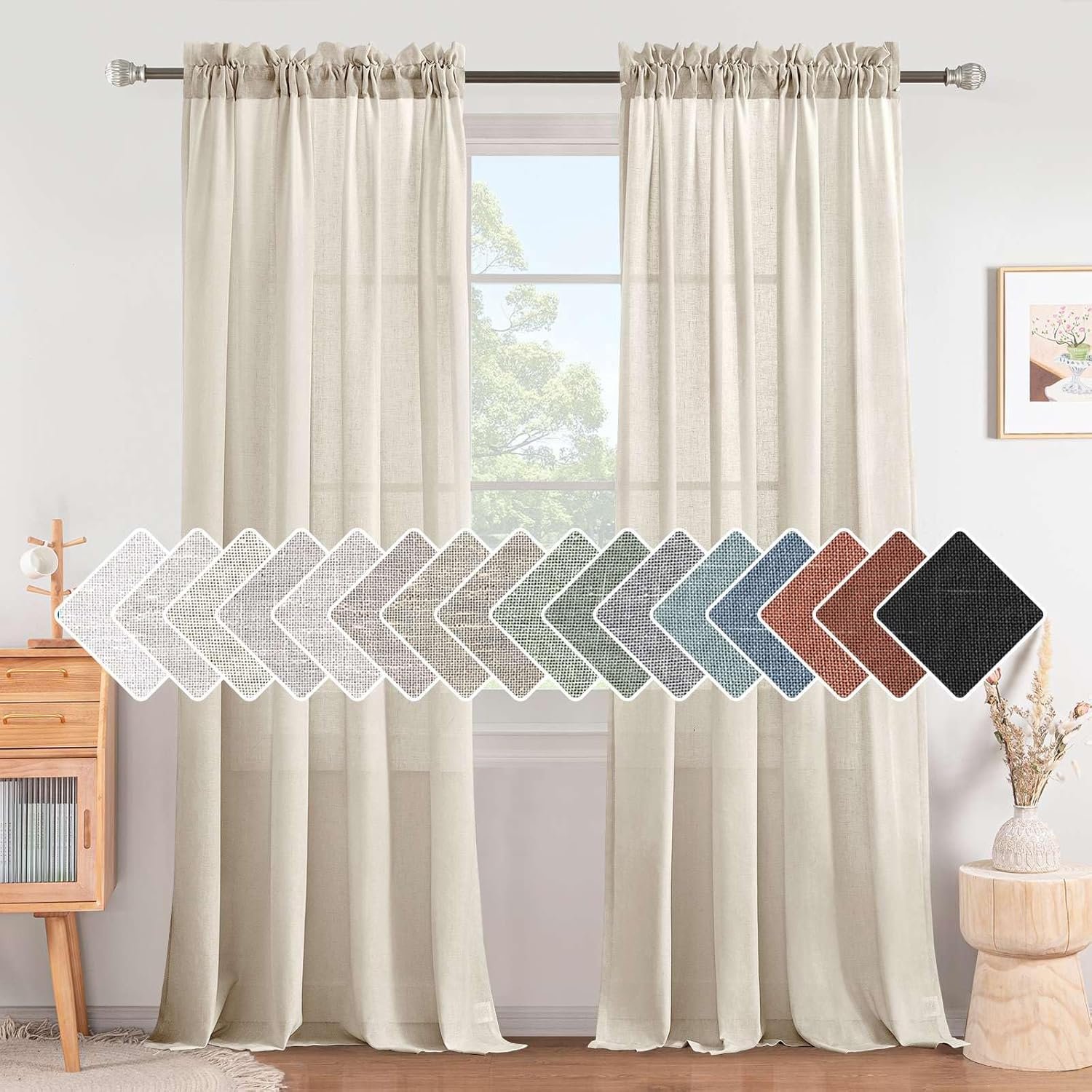 H.VERSAILTEX Natural Linen Rod Pocket Curtains 84 Inch Length for Living Room 2 Panel Pocket Drape Semi Sheer Neutral Country Rustic Farmhouse Boho Curtain Bedroom Light Filtering, Heathered Natural