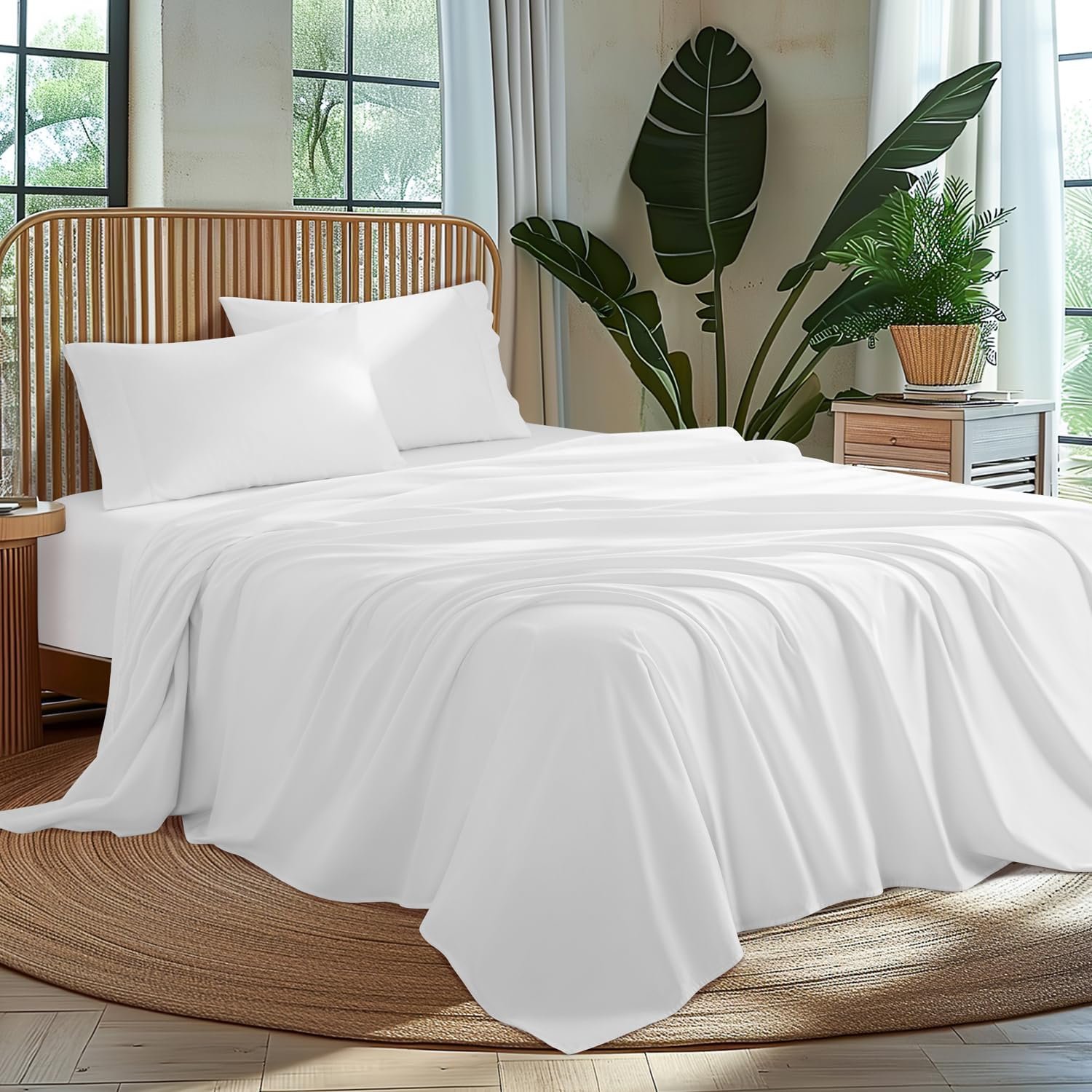 100% Egyptian Cotton Sheet Set 4 Piece, Luxury 1000 Thread Count Queen Sheets, Breathable & Cooling Sheets, 16″ Deep Pocket, Machine Washable, Hotel Style Home Bedding(King,White)