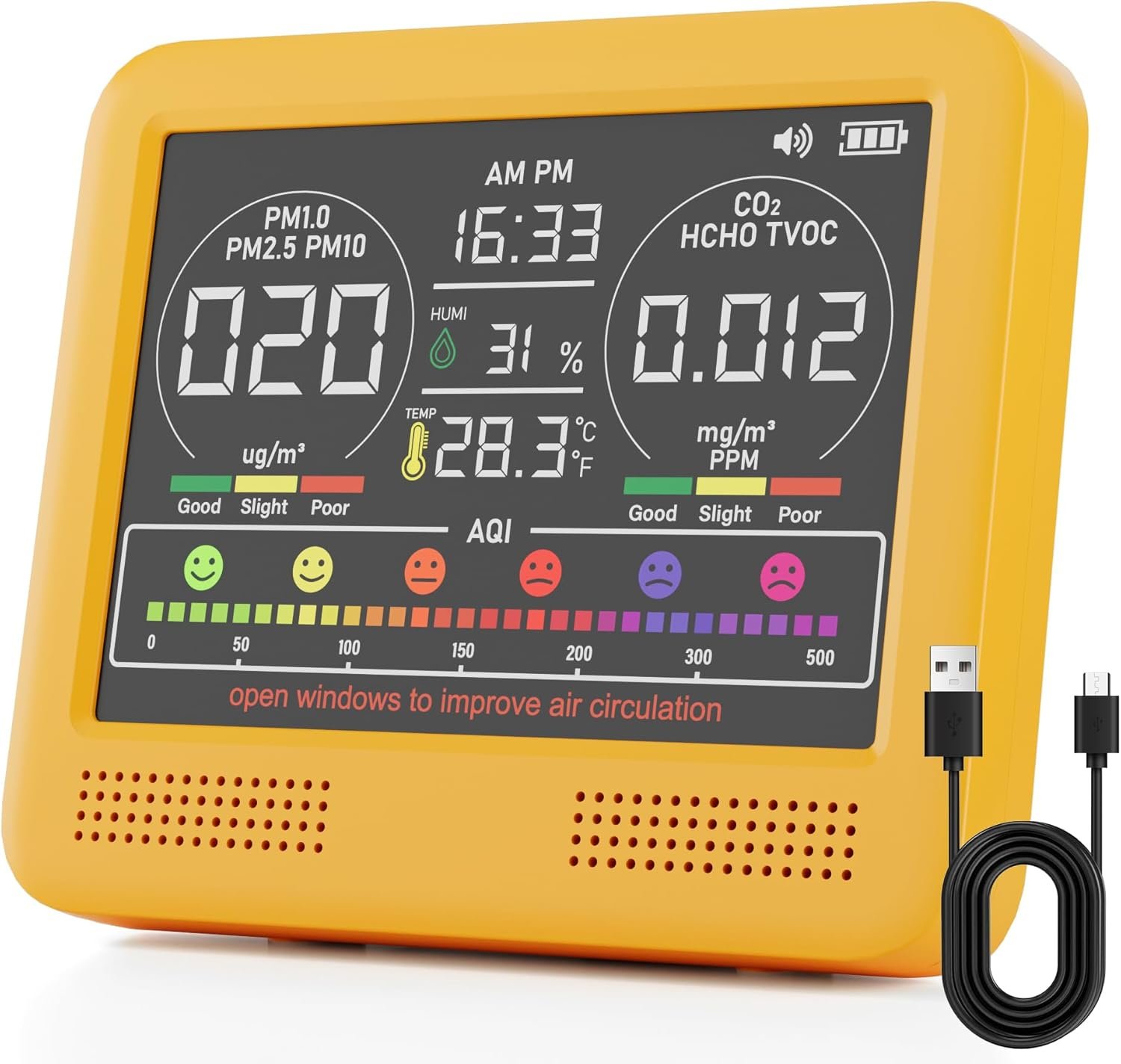 16-in-1 Indoor Air Quality Monitor with PM1.0,PM2.5,PM10,CO2,HCHO,TVOC,Temperature,Humidity,Time Display &7 AQI Alarms – Professional Air Quality Tester for Home, Office & Indoor Use (Bright Yellow)