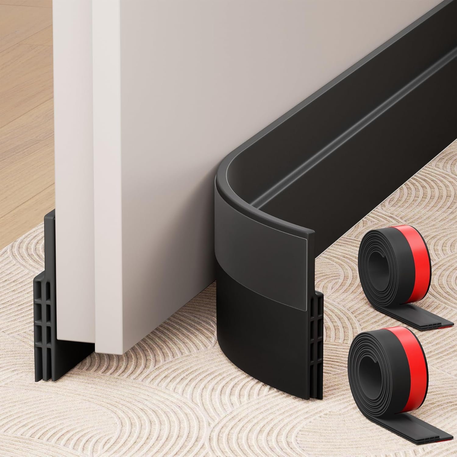 Hojoy 2 Pack Under Door Draft Stopper, Adjustable Door Sweep Anti-Collision Strong Adhesive Weather Stripping Tape Soundproof Draught Stoppers 2″ W x 39″ L, Black