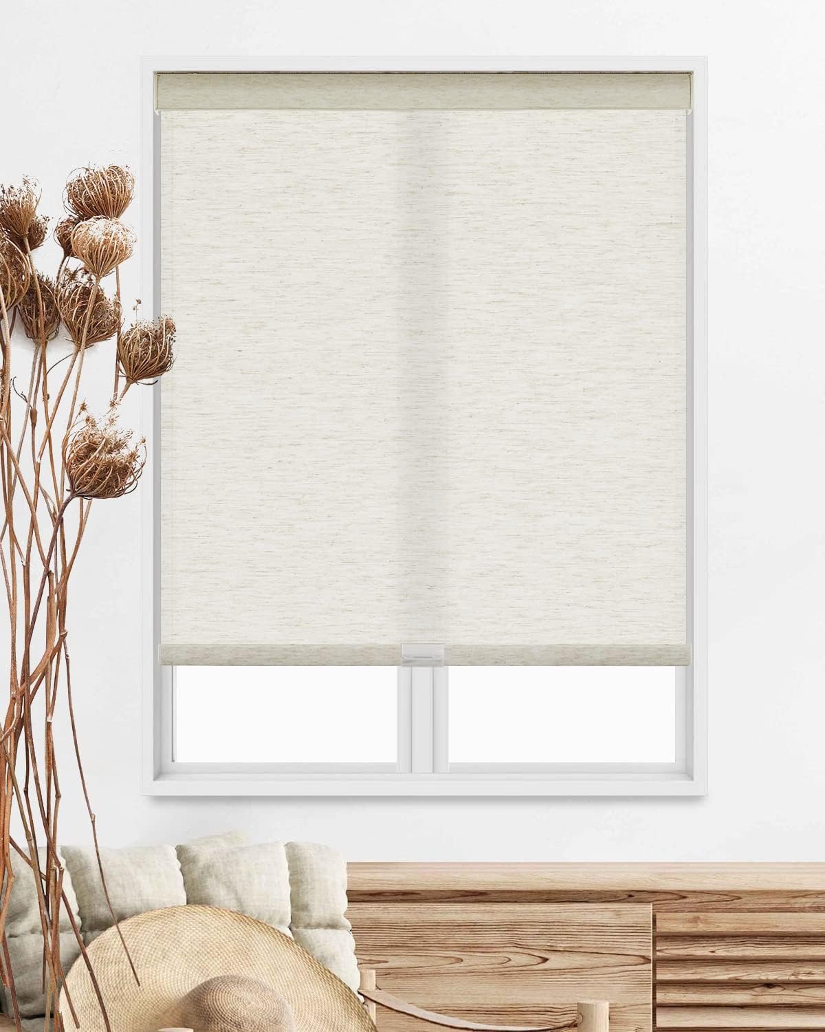 Persilux Custom Size Free-Stop Cordless Roller Shades Light Filtering Natural Woven Linen Fabric UV Protection Privacy Roller Blinds for Windows Shades for Home, Kitchen, Living Room, Linen Beige
