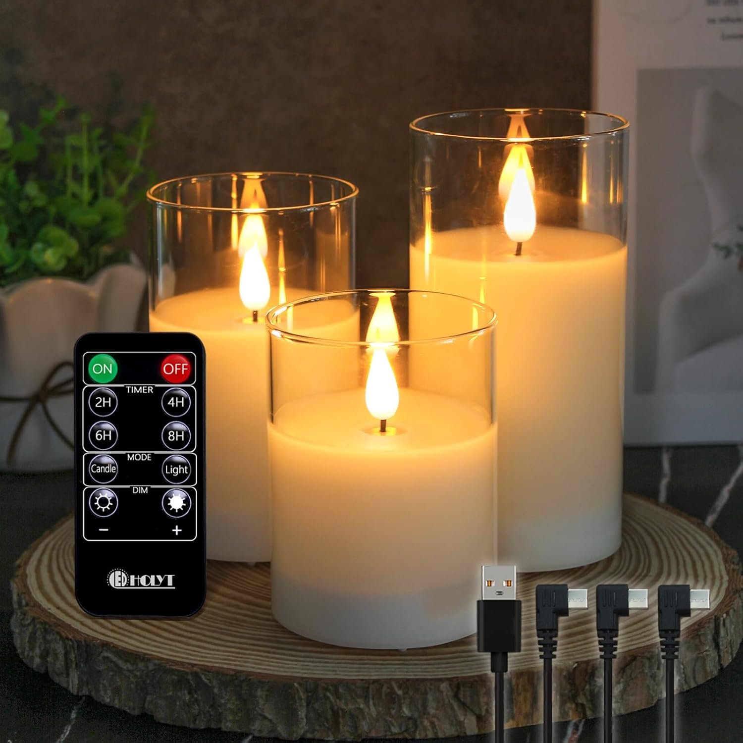 Rechargeable Flameless Glass Pillar Candles–Gifts for Women,–Set of 3, Realistic Flickering LED Light,Remote & Timer, Ideal for Living Room, Bedroom & Festival Wedding Home Party Decor