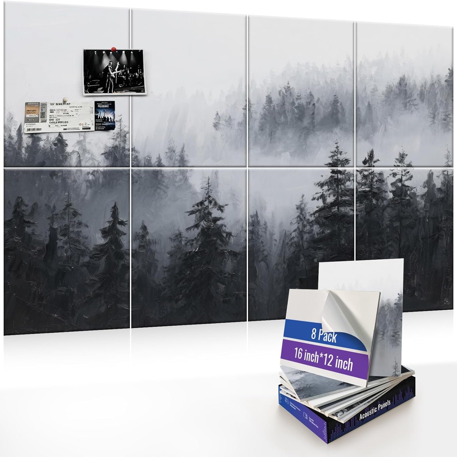 8 Pack Art Acoustic Panels, Decorative Wall Panels, 47.2″x31.4″ Self-Adhesive Sound Absorbing Panels for Home, Office, Recording Studio (Misty Forest)