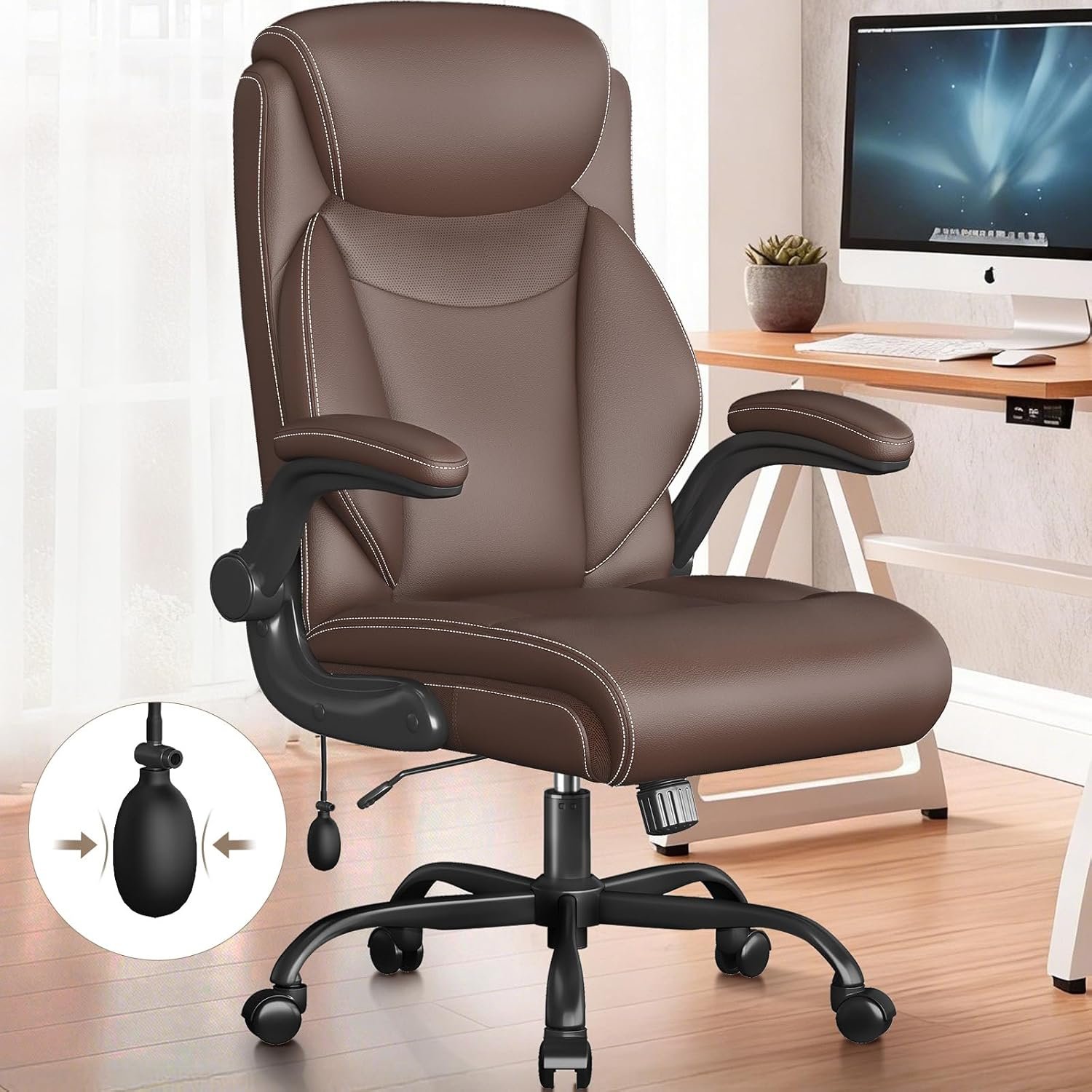 Ergonomic Office Chair, Home Desk Computer Chair, High Back Executive Chair，Padded Leather Ergonomic Computer Desk Chair with Inflatable Lumbar Support & Flip-Up Arms, Swivel Chair,Deepbrown