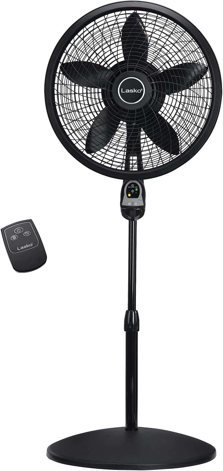 Lasko Oscillating Cyclone Pedestal Fan, Adjustable Height, Timer, Remote Control, 3 Speeds, for Bedroom, Living Room, Home Office, 18″, Black, 1843