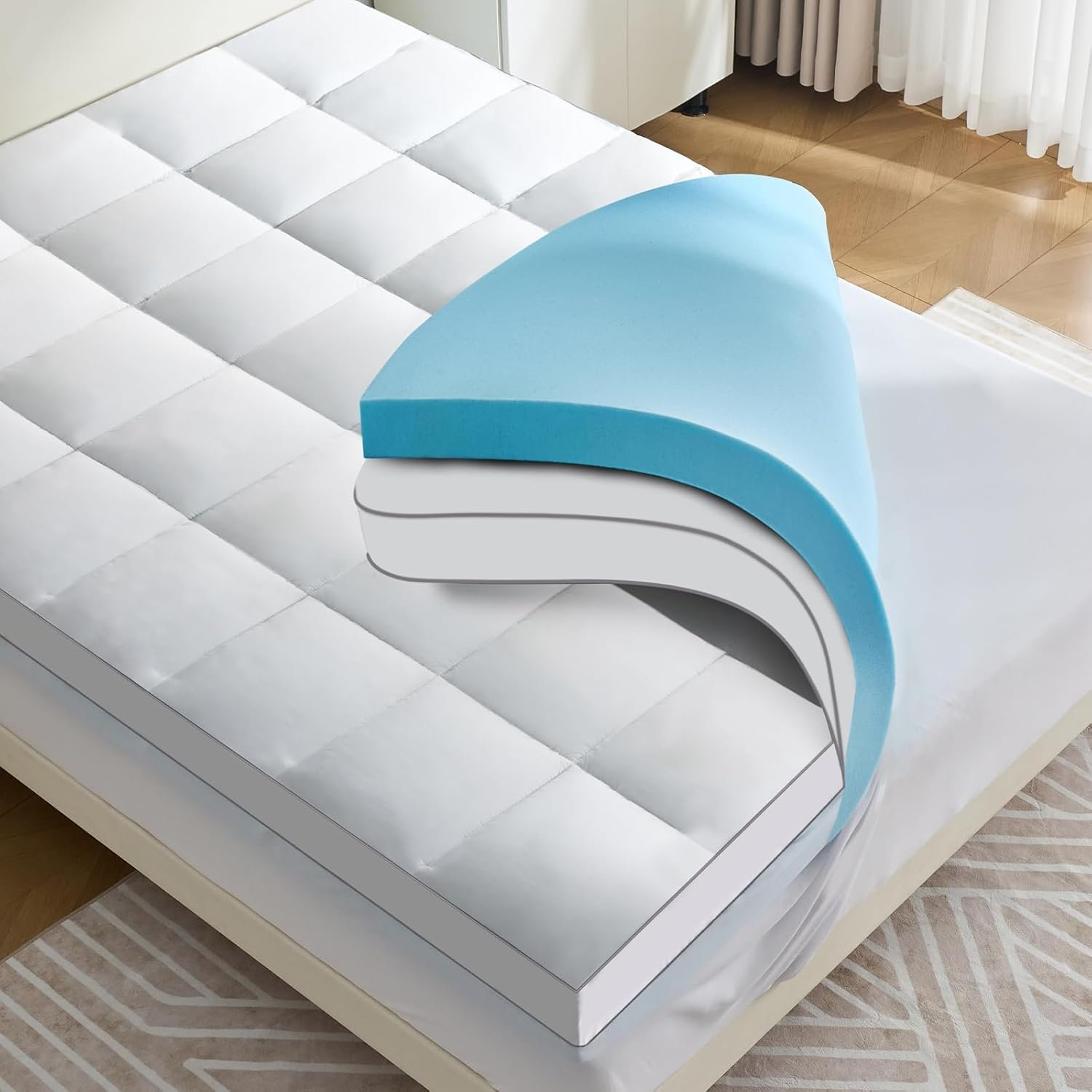 4 lnch Dual Layer Mattress Topper Queen Size, 2 Inch Cooling Gel Memory Foam and 2 Inch Soft Pillow Top Mattress Pad Cover for Back Pain, with Elastic Deep Pocket