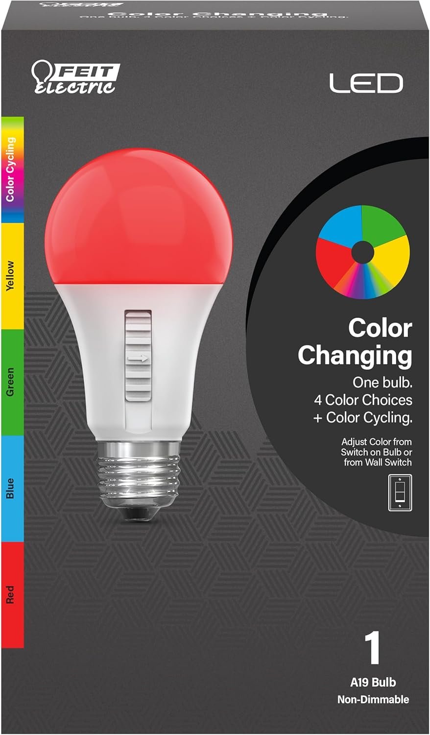 Feit Electric LED Color Changing Light Bulb – A19 with an E26 Medium Base Light Bulb – 60W Equivalent – 15 Year Life