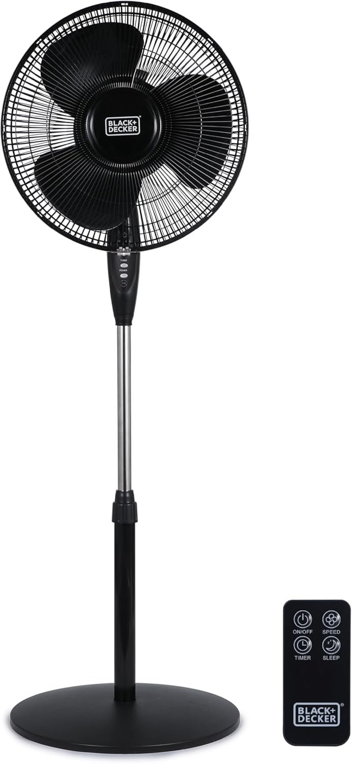 BLACK+DECKER 16″ Standing Oscillating Pedestal Fan with Remote, 90-Degree Oscillation, 3 Speed Settings, Adjustable Height, Timer, 30-Degree Tilt, BFSR16B, Black