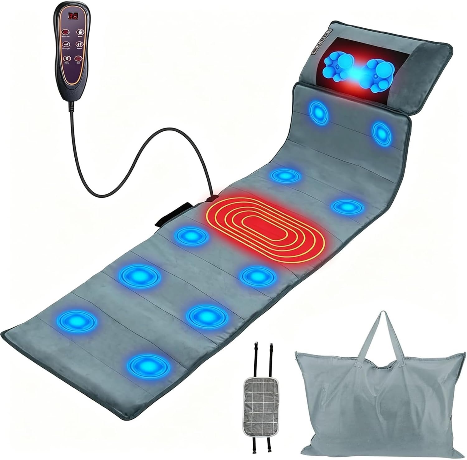 KOCASO Full Body Electric Massage Mat,Heat Vibration Massage Pad Cushion Back Massage Mattress Chair Pad with Neck Massage Pillow with 10 Vibration Motors Timer Anti-Slip Bottom