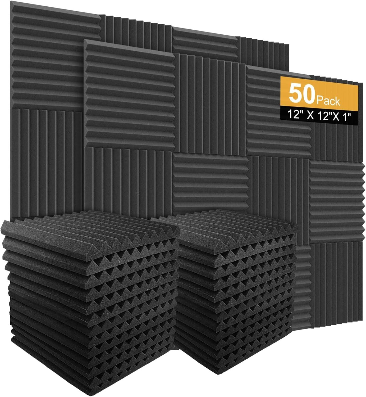Burdurry 50 Pack Acoustic Panels Soundproof Studio Foam for Walls Sound Absorbing Panels Sound Insulation Wedge for Studio, 1″ X 12″ X 12″ (Black)