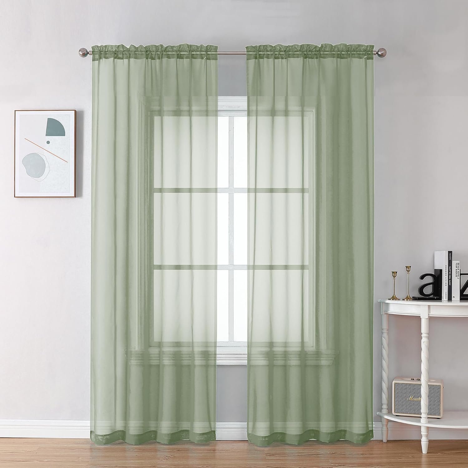OVZME Bedroom Curtains 2 Panel Sets 84″ Inch Length – Transparent Light Weight Soft Window Treatment Panels for Study Room/Living Room/Guest Room, Sage Green, Per Panel W42 X L84 inches