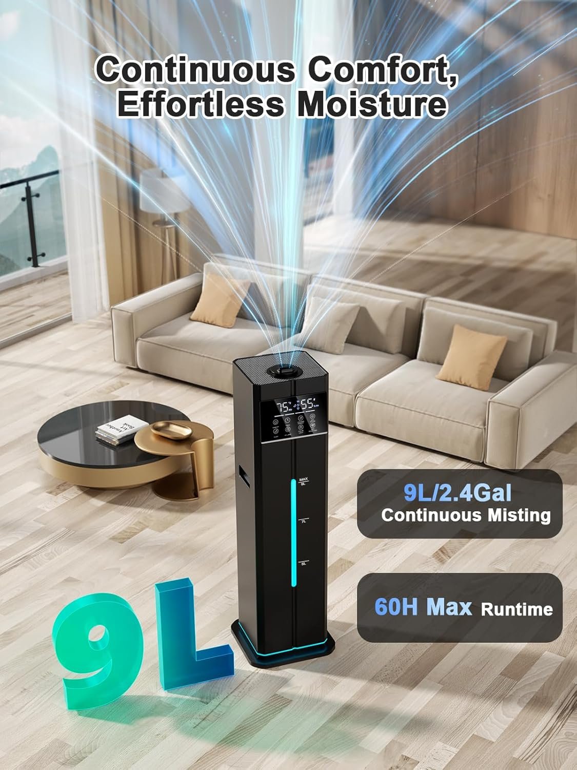9L/2.4Gal Smart Cool Mist Humidifier, Top Fill Quiet Humidifier Large Room, Covers 550ft², App & Remote Control, Black