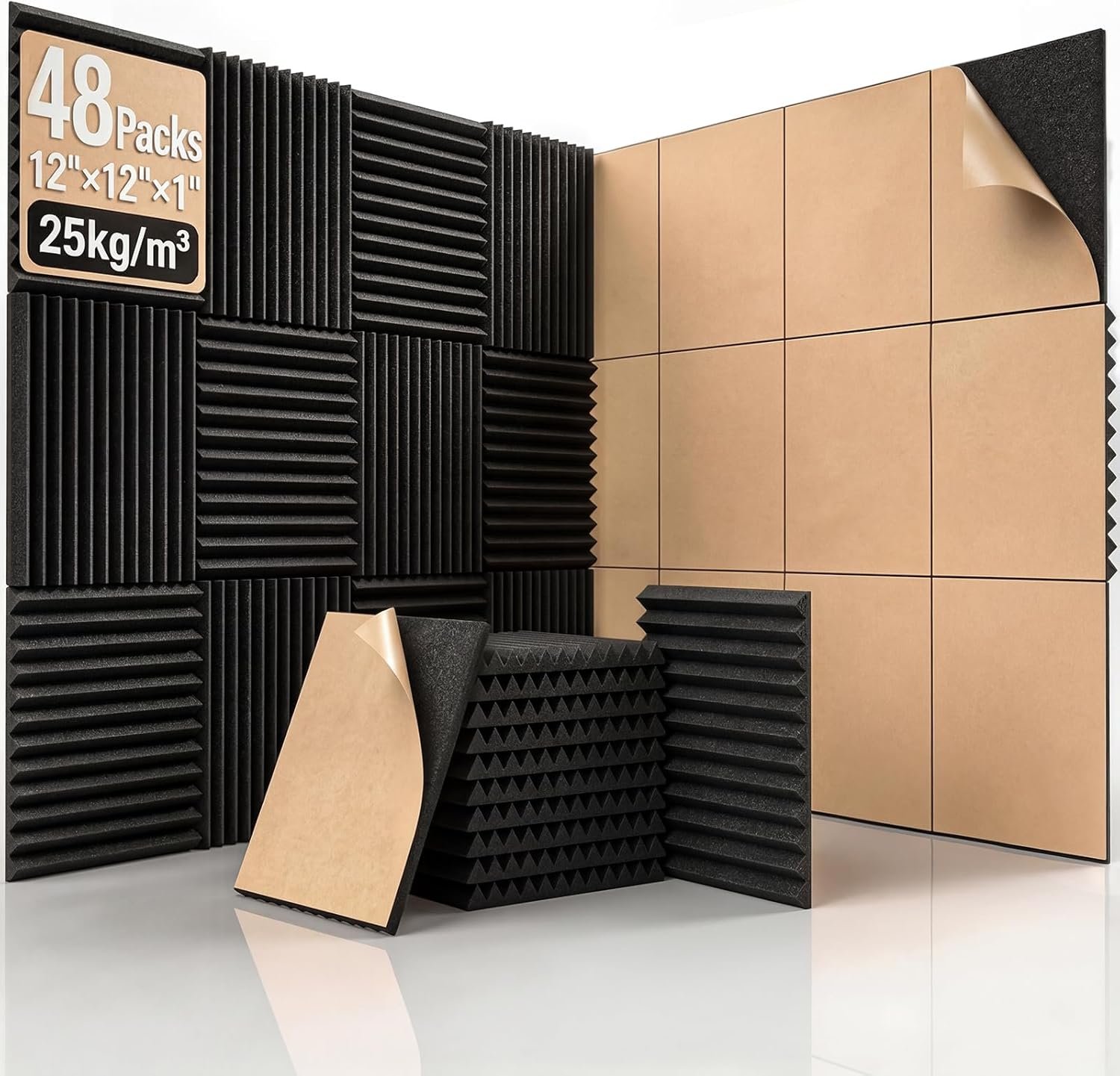 48 Pack Self-Adhesive Acoustic Foam Panels, 12″ x 12″ x 1″ Sound Proofing Padding for Wall, High Density Sound Absorbing Panels for Studio & Home Office