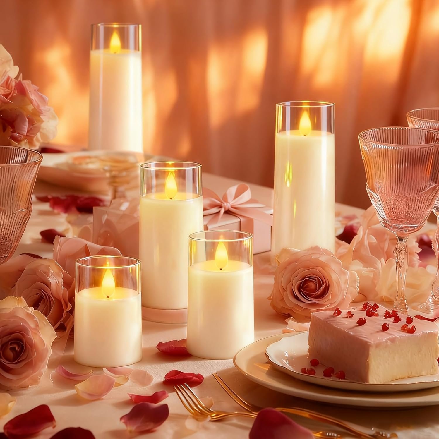 Raycare Flameless Candles Battery Operated with Remote Timer, Acrylic Flickering LED Pillar Candle for Valentine’s Day, Home Decor, Gift for Family and Friend, White, Set of 5