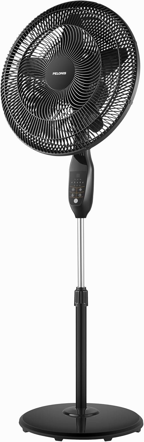 PELONIS PFS45A5BBB 18 inch 5-Blade Oscillating, Adjustable Standing Pedestal Remote, LED Display, 5 Speed Setting and 7-Hour Timer Fan, Black