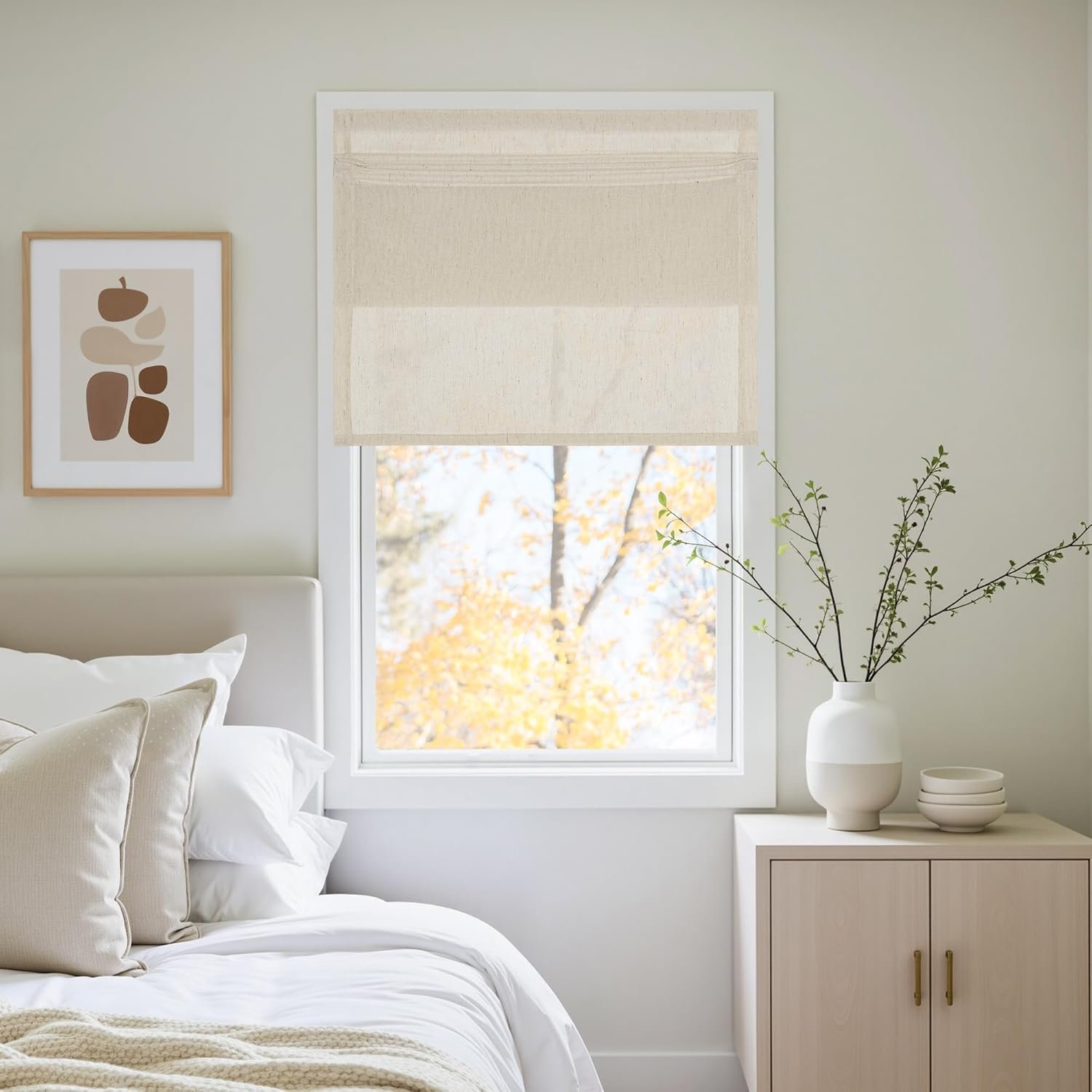 NICETOWN Natural Linen Farmhouse French Door Curtain, No Drill Roman Shades for Window, Thick Linen Blended Light Filtering Solid Window Cover for Glass Patio, 30″ Wx 72″ L, 1 PC