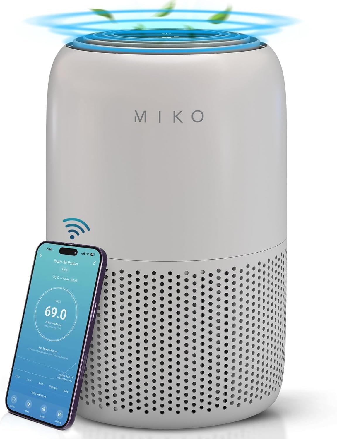 MIKO Air Purifier for Bedroom with 3-in-1 HEPA Filter & Sleep Mode, Whisper Quiet, Covers Up to 1200 ft, Smart Wi-Fi App Control – Removes Smoke, Allergens, Pets Hair, Dust, Odors, Pollutants