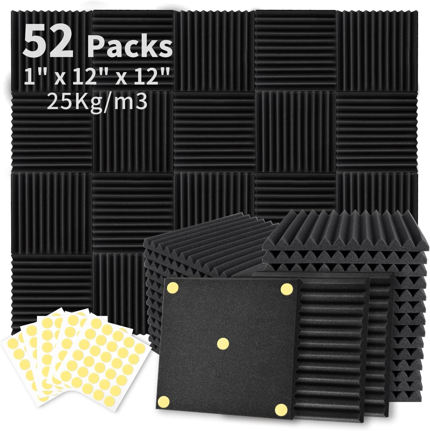Focusound 52 Pack Acoustic Foam Panels 1″ x 12″ x 12″ Sound Proof Foam Panles Soundproofing Noise Cancelling Wedge Panels for Home Office Recoding Studio with 300PCS Double-Side Adhesive