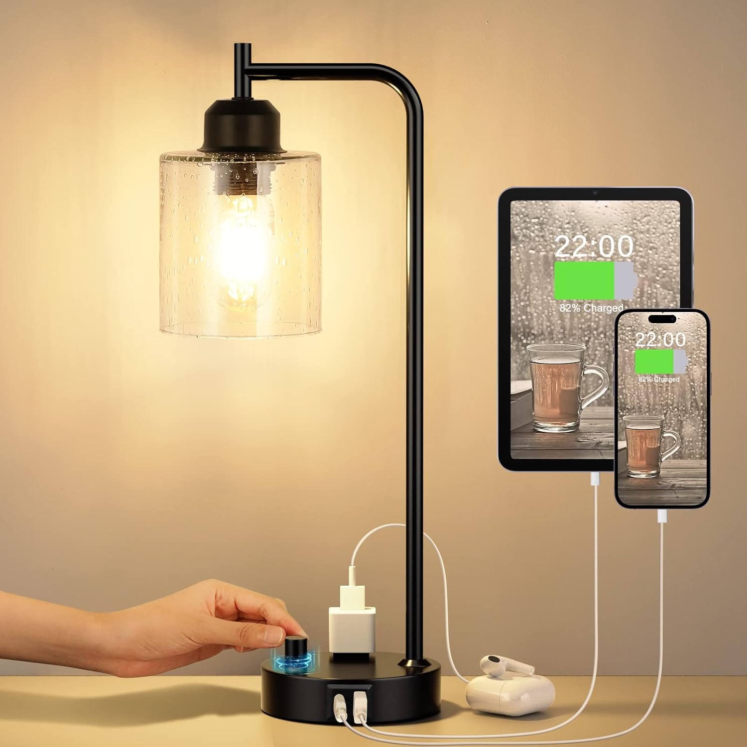 Industrial Bedside Table Lamp for Bedroom – Nightstand Lamps with USB C Charging Port, Fully Dimmable Black Ports and Outlets, Small Desk Glass Shade Office Living Room