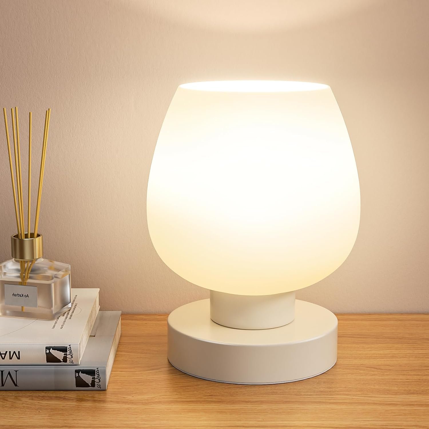 Seealle Touch Table Lamp for Nightstand – Small Bedside Lamp for Bedroom Living Room Night Stands, Desk Lamp with White Glass Shade for Small Spaces, 3 Way Dimmable, LED Bulbs, Gifts