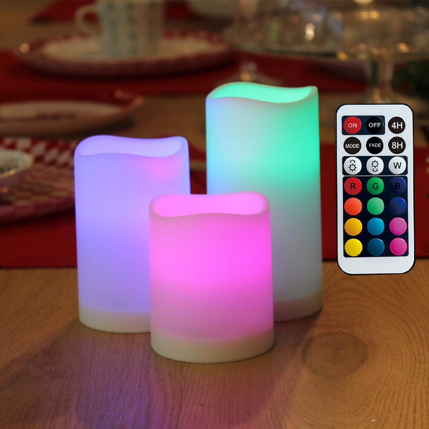 WRalwaysLX Flameless Candles with Timer, Color Changing LED Candles with Remote Control,Battery Candles Outdoor and Indoor Home Decor, Set of 3, 2.5″ D X H3/4″/5″ by 3AAA Batteries(not Included)