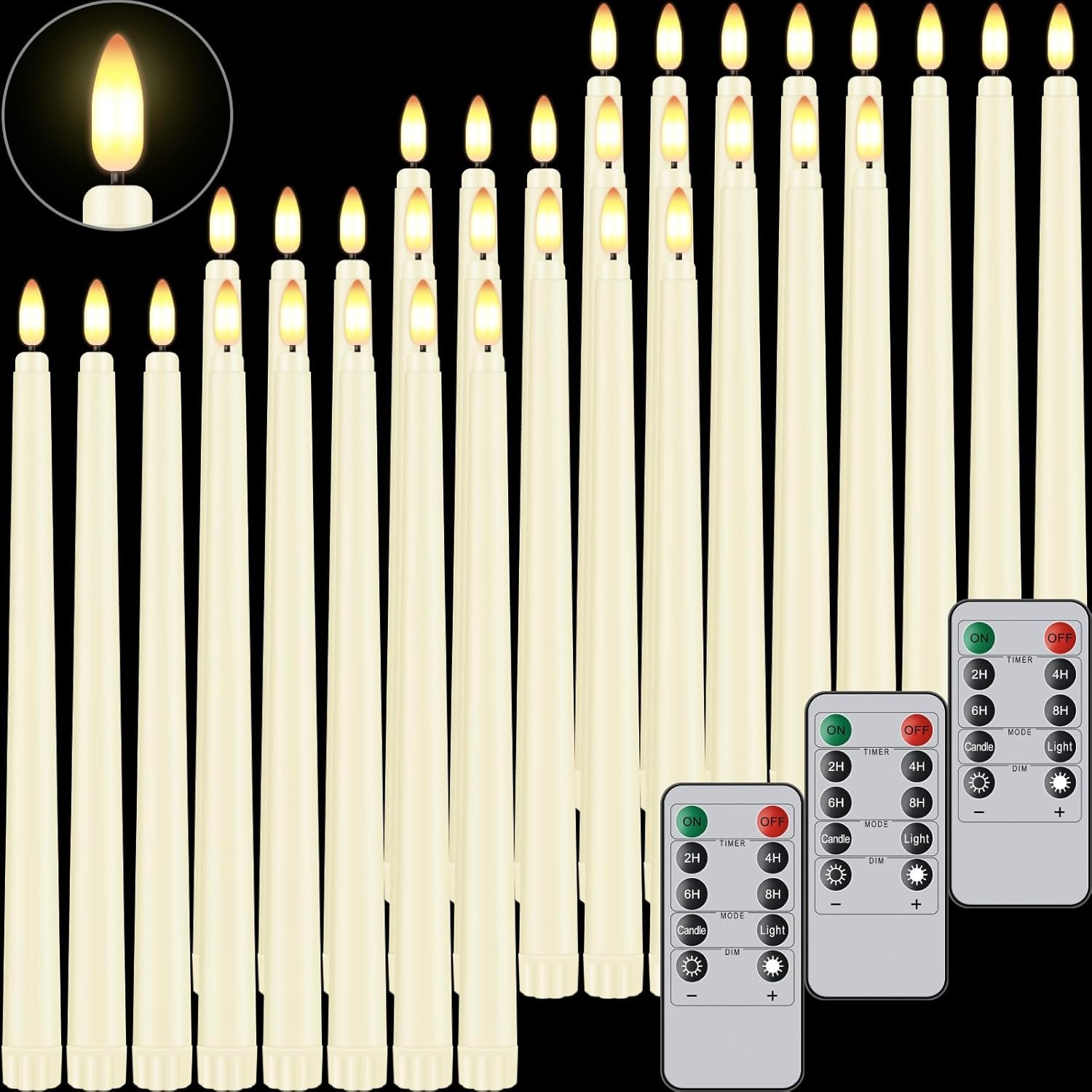 32 Pcs Flameless Taper Candles with Remote Timer, 11 inches Flickering Taper Candles Battery Operated, Ivory Plastic Long LED Candlesticks for Wedding Christmas Home Party Decor
