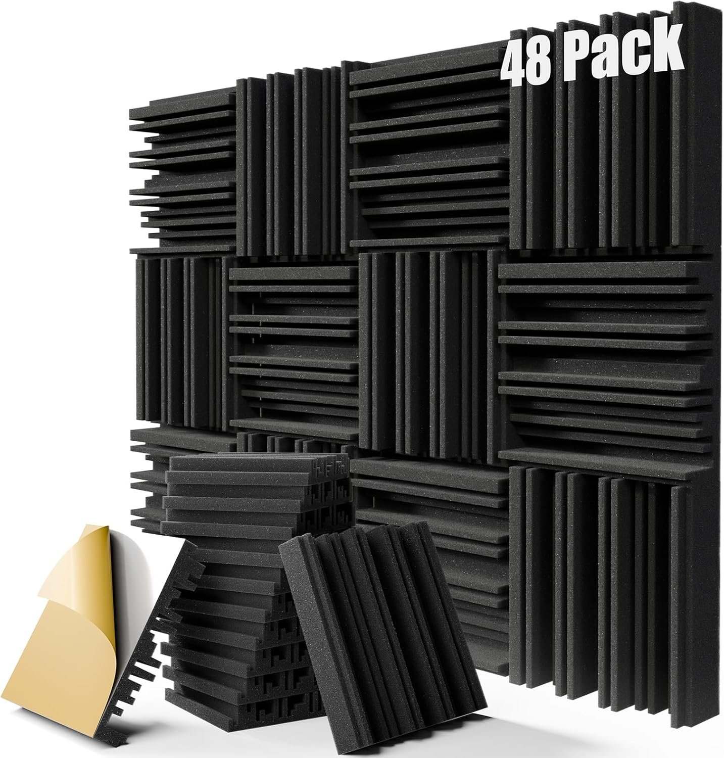 48 Pack Sound Proof Foam Panels,12″ X 12″ X 2″ Self-adhesive Acoustic Panels with High Density,Decorative Soundproof Wall Panels Sound Absorbing Foam for Wall and Ceiling (Black)