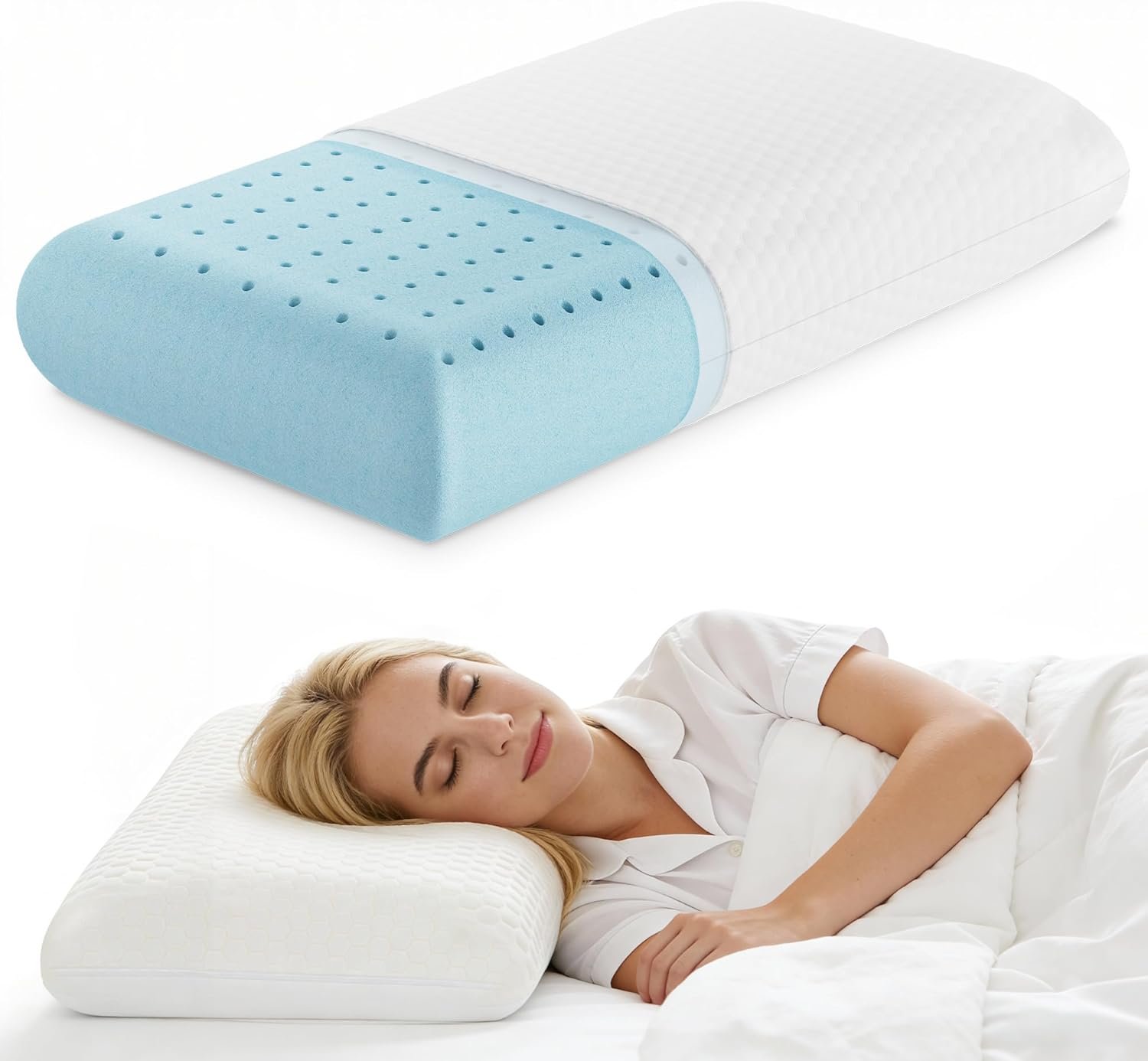 NEWBULIG Cooling Gel Memory Foam Pillow for Neck Pain Relief – Breathable Mesh with Washable Cover Standard Size Bed Pillows for Side & Back Sleepers, CertiPUR-US & Oeko-TEX Certified, 1 PCS, White