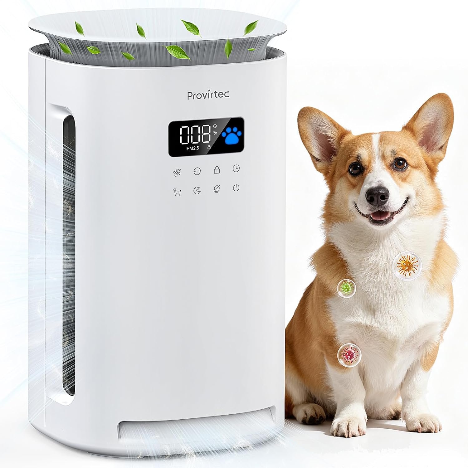 Provirtec Air Purifier for Home Pets, H13 True HEPA Filter, 4-Side Wide Intake, Trap Pet Odor Floating Fur Dander & Allergies, Auto & Pet Mode, Washable Pre-Filter, Ultra Quiet for Bedroom Large Room