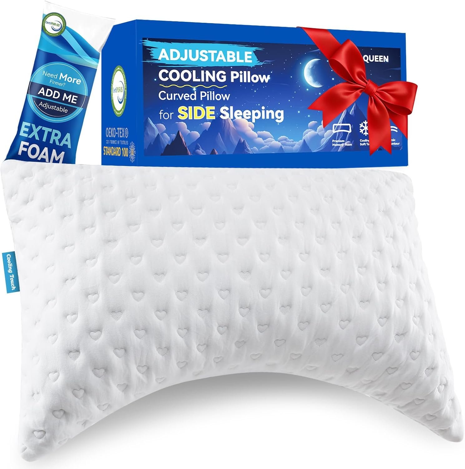 Side Sleeper Pillows for Neck & Shoulder Comfort – Ergonomic Curved Crescent Design, Adjustable Shredded Memory Foam, Cooling & Soft Cover, Extra Fill Included, Queen Size