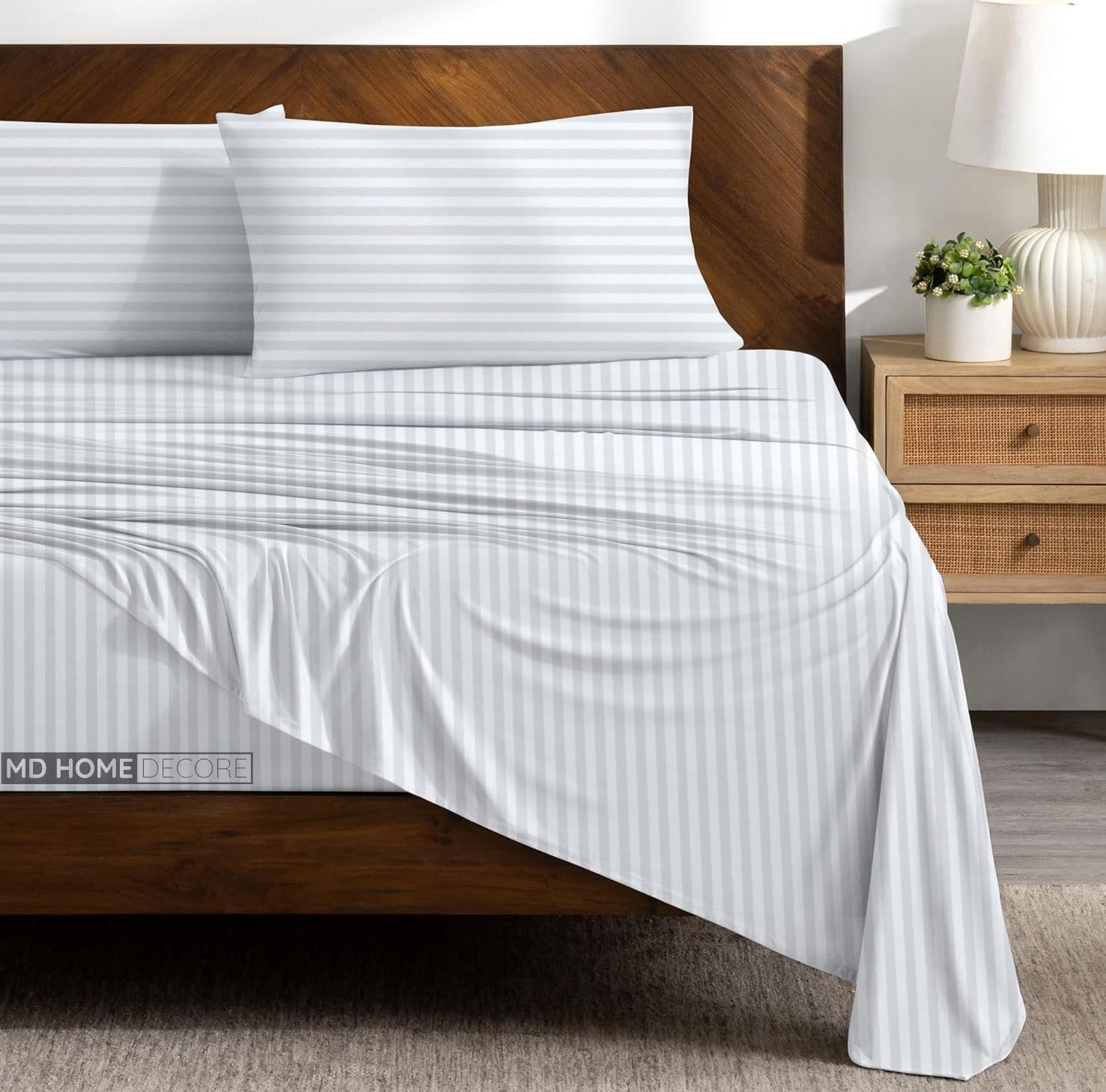Extra Deep Pocket Sheet Set, 4-Piece Bedding Set, 100% Egyptian Cotton, 400 Thread Count, 22-Inch Deep Pocket Fitted Sheet with Elastic All Around, Soft, Breathable(Queen, White Stripe)