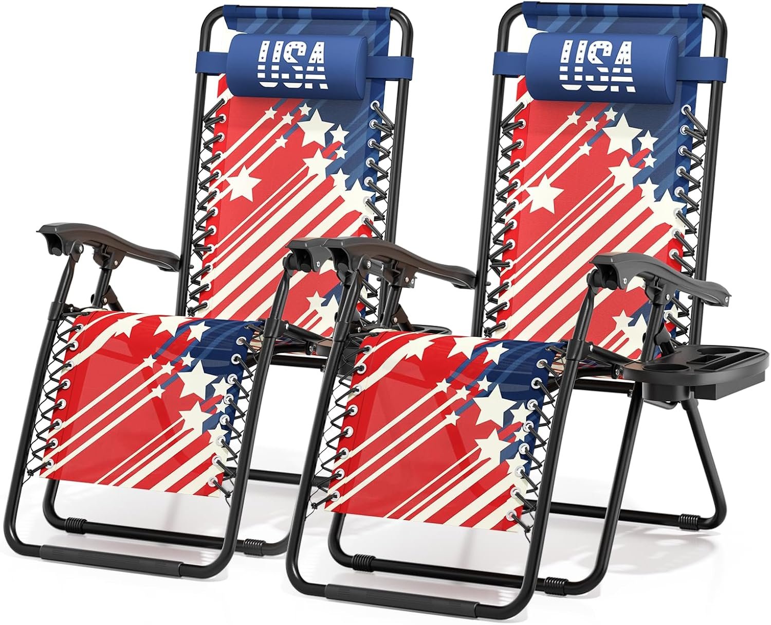 Magshion Zero Gravity Lounge Chairs 2 Pack, Adjustable Folding Recliner with Side Tray Cup Holder, Removable Headrest Pillow, Portable Outdoor Lounger for Camping Beach Patio Backyard, Red White Blue