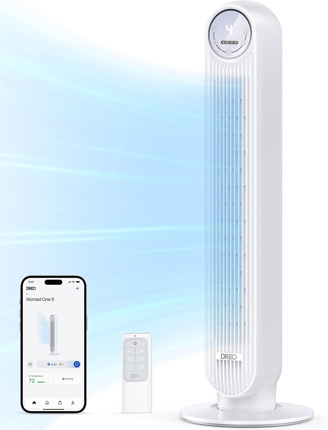DREO Tower Fan for Bedroom, 25ft/s Smart Standing Fans, 90° Oscillating Floor Fan with 4 Modes, 4 Speeds, 8H Timer, 28dB, Bladeless, Remote, Works with WiFi Voice Control