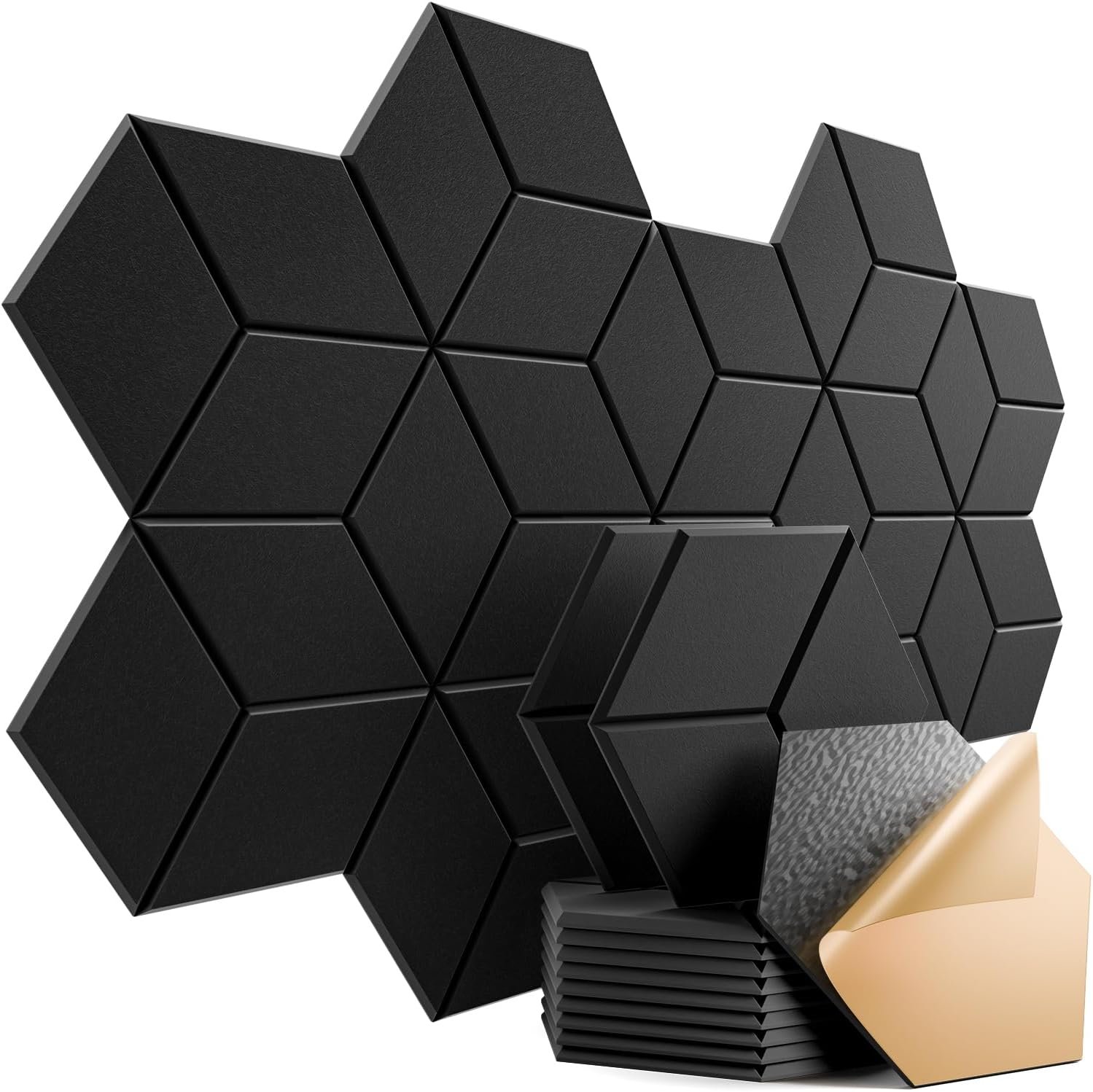 12 Pack Self-Adhesive Acoustic Panels 12″ X 10″ X 0.4″ – Sound Proof Foam Panels for Walls with High Density, Y-Lined Design, Flame Resistant, Absorb Noise and Eliminate Echoes(Black)